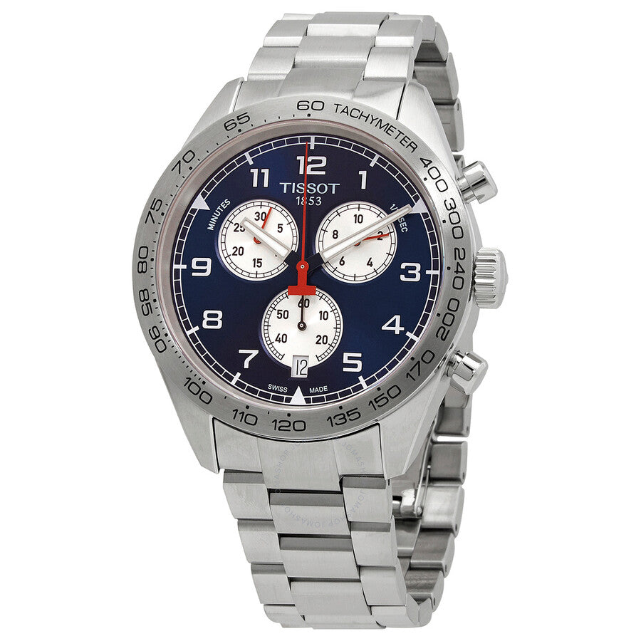 Tissot T-Sport chronograph watch with blue dial, white subdials, and stainless steel bracelet