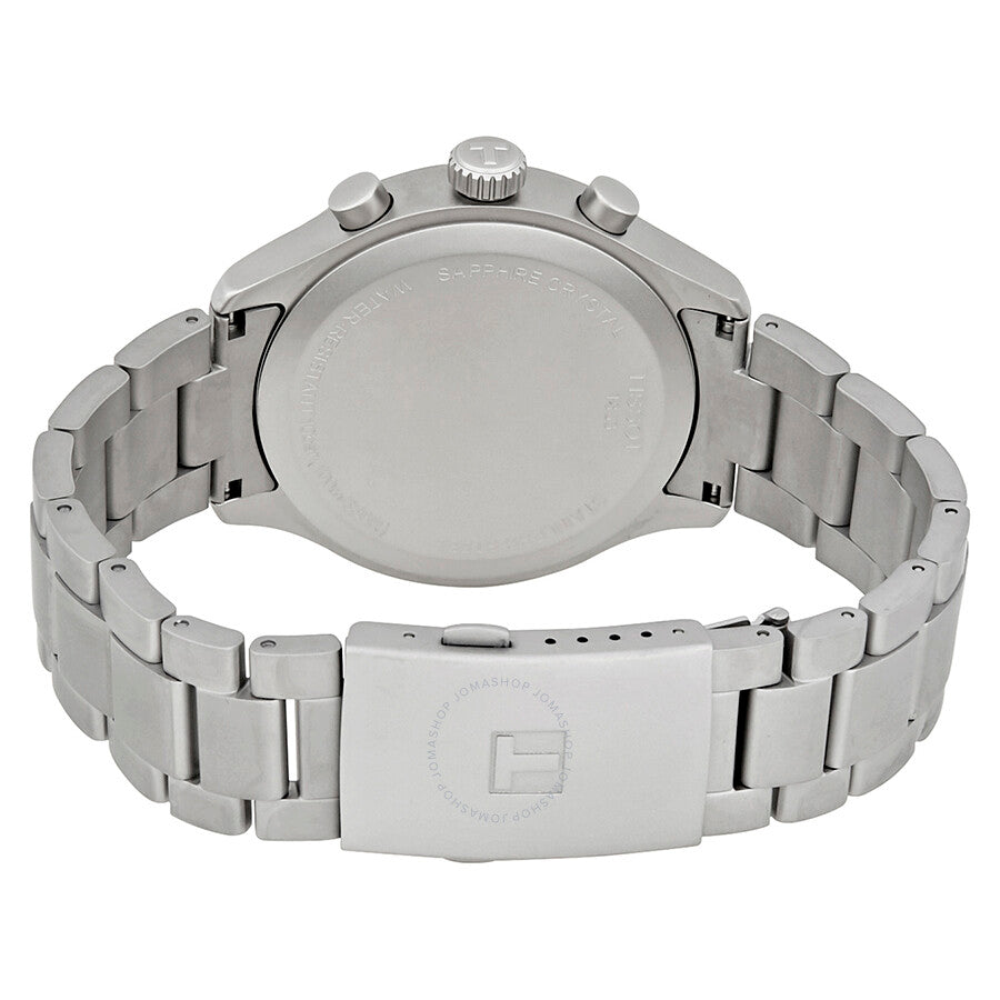 Tissot T-Sport Chronograph XL caseback showing stainless steel case and folding clasp