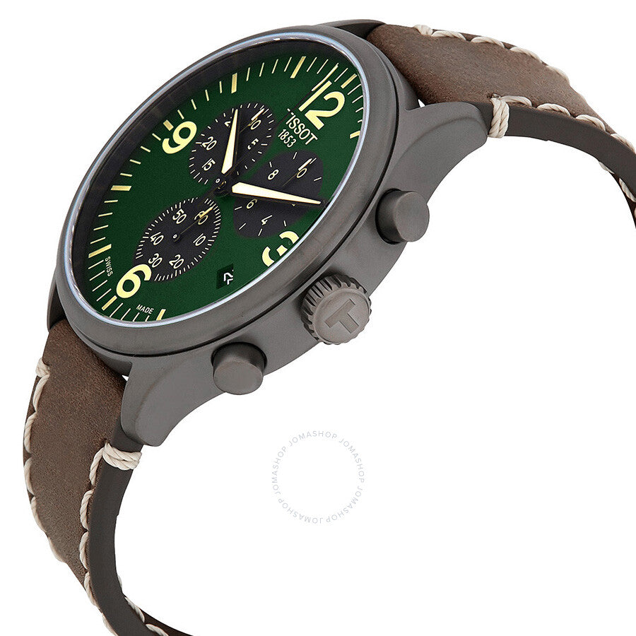 Tissot T-Sport Chronograph XL angled view showing gray titanium case, olive dial, and chronograph pushers