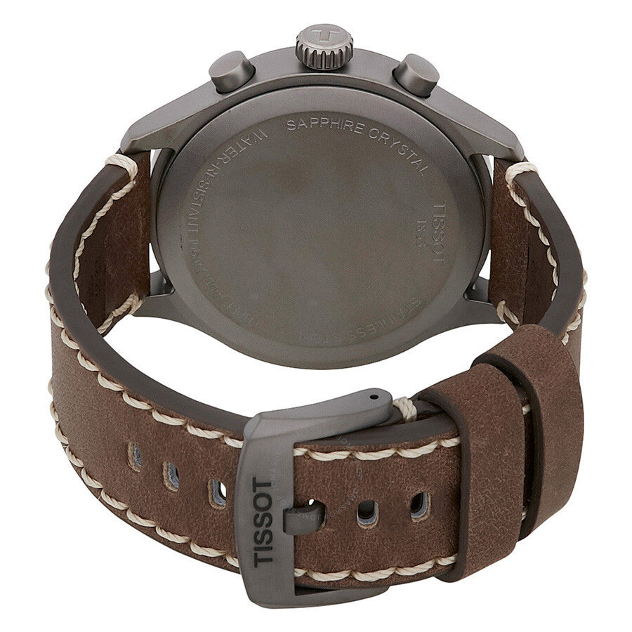 Tissot T-Sport Chronograph XL case back showing sapphire crystal, brown leather strap with contrast stitching
