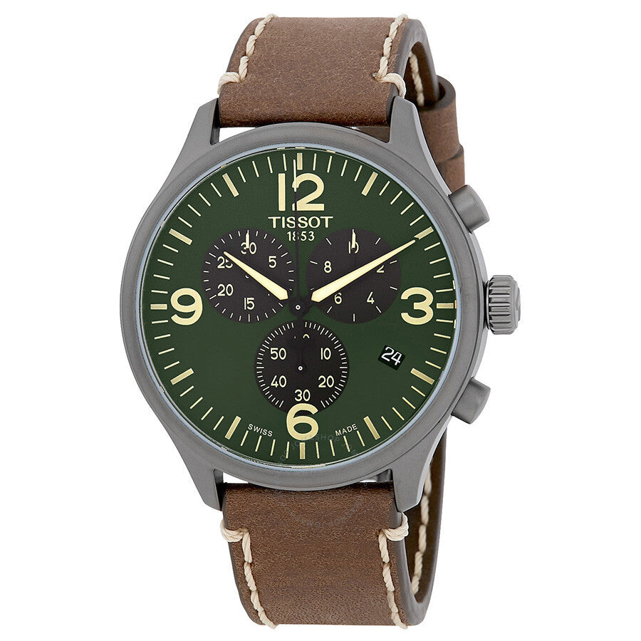Tissot T-Sport Chronograph XL with olive green dial, yellow Arabic numerals, gray case and brown leather strap