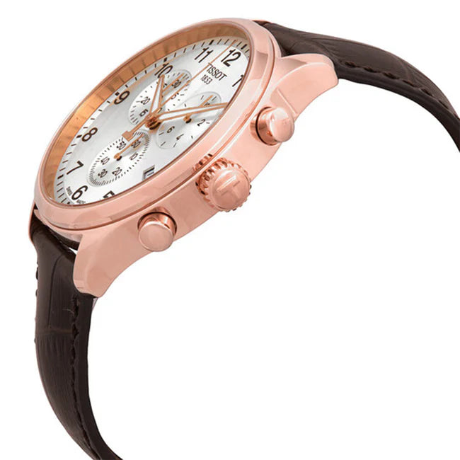 Tissot T-Sport Chronograph XL side angle view showing rose gold case and pushers