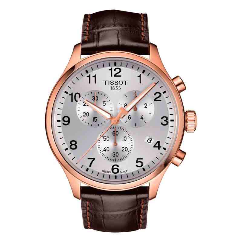Tissot T-Sport Chronograph XL with silver dial, rose gold case, and brown leather strap