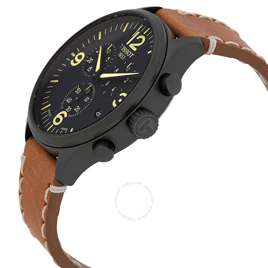 Tissot T-Sport Chronograph XL watch angled view showing black case, dial, and brown leather strap