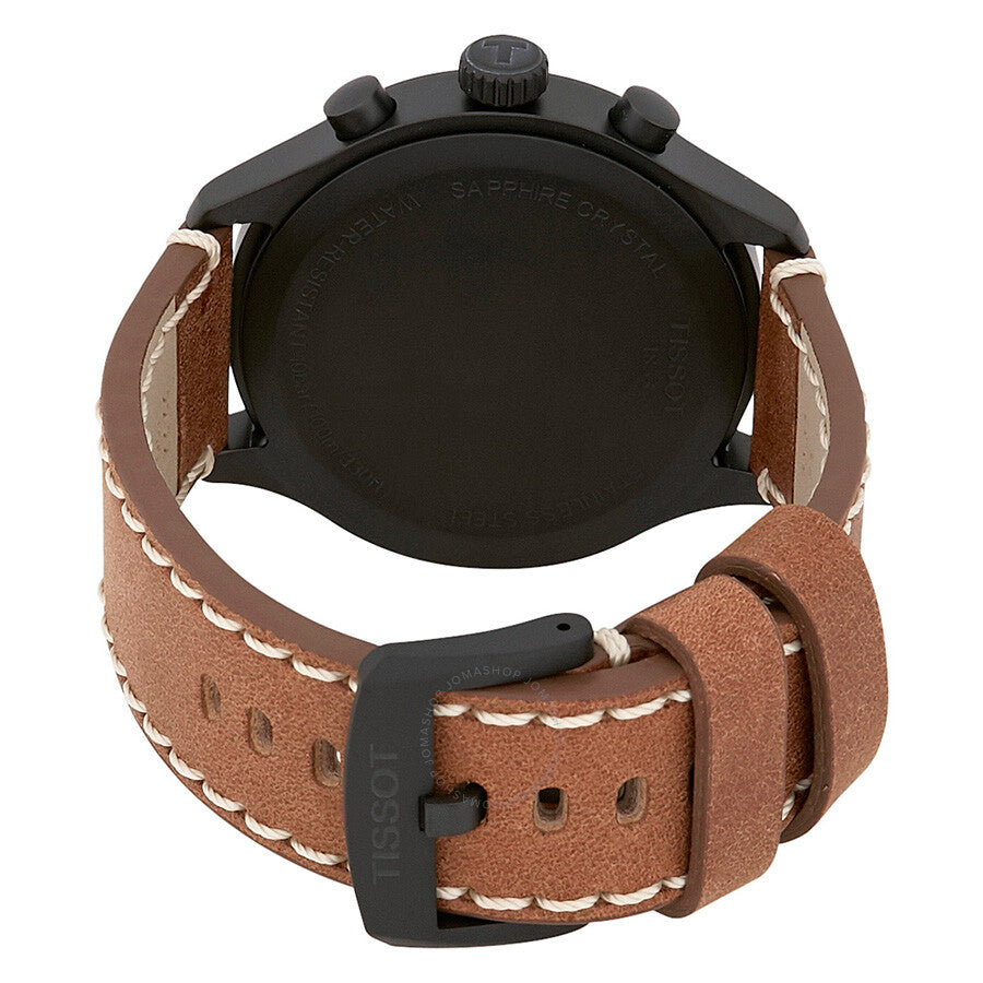 Tissot T-Sport Chronograph XL watch caseback view showing sapphire crystal and brown leather strap