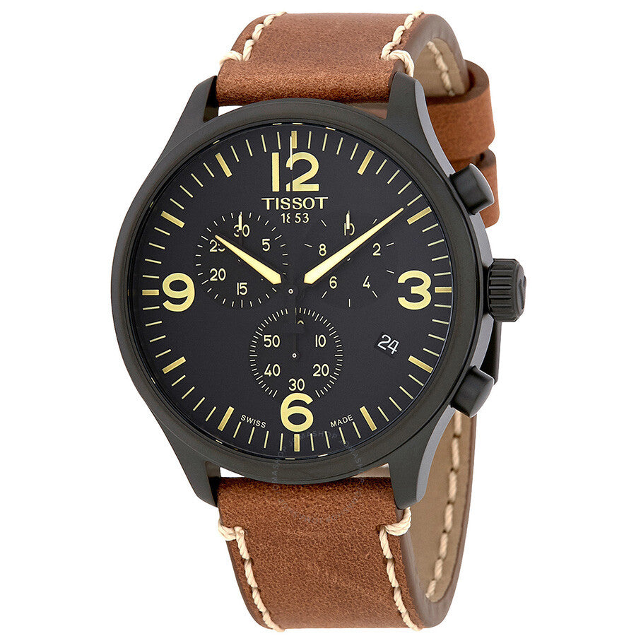 Tissot T-Sport Chronograph XL watch with black dial, yellow numerals, brown leather strap, and black case