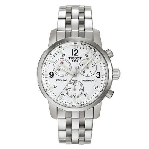 Tissot T-Sport PRC 200 chronograph with white dial, three subdials, and stainless steel bracelet