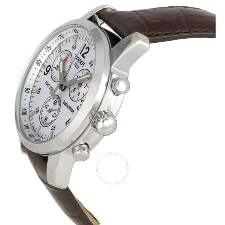 Tissot T-Sport PRC200 watch side profile showing stainless steel case and brown leather strap