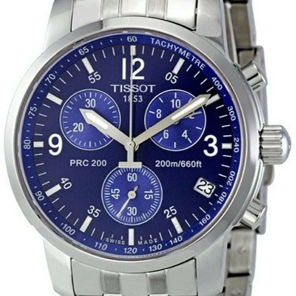 Close-up of Tissot PRC200 blue dial showing chronograph subdials and tachymetre