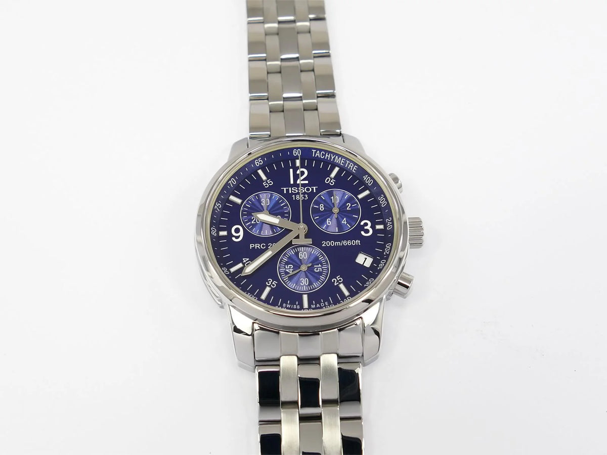 Tissot T-Sport PRC200 chronograph front view with blue dial and stainless steel case
