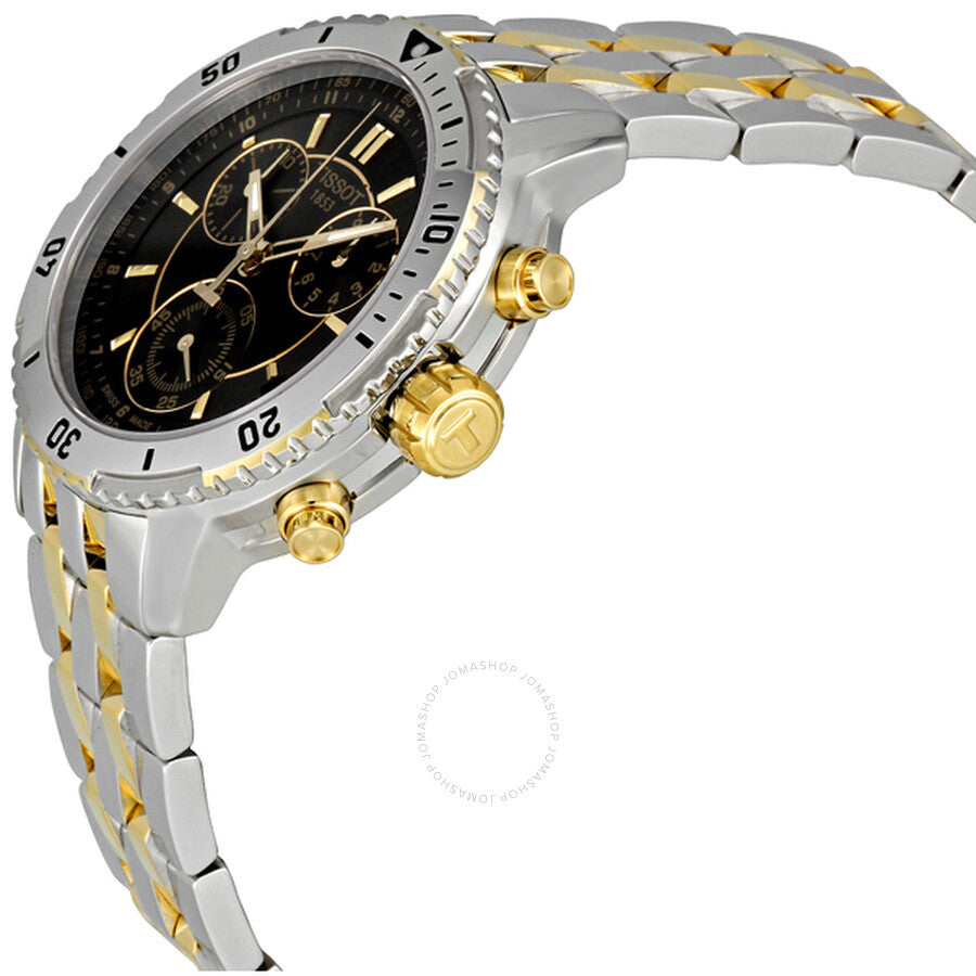 Side angle view of T-Sport PRS 200 chronograph showing gold-plated pushers and two-tone bracelet