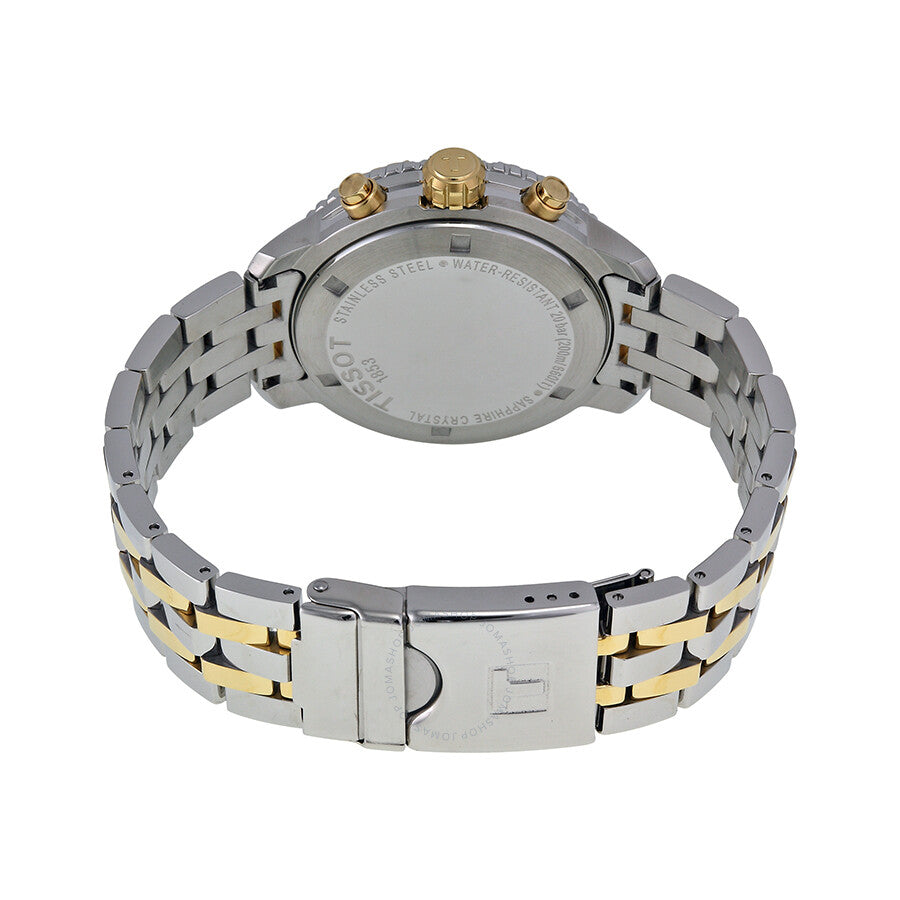 Caseback view of Tissot T-Sport PRS 200 with two-tone steel and gold bracelet