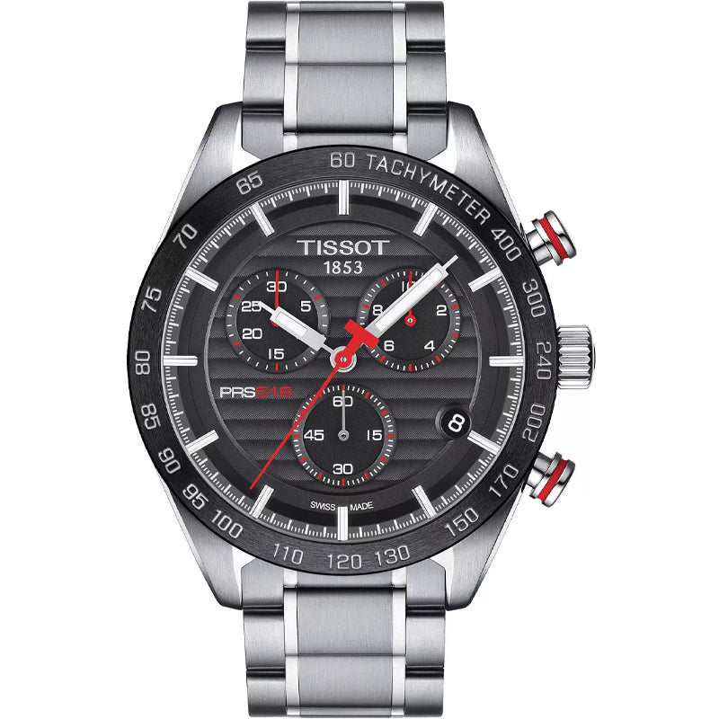 Tissot T Sport PRS 516 chronograph watch with black dial and silver steel strap