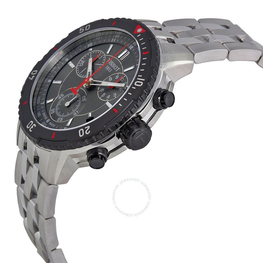 Tissot T-Sport PRS200 chronograph watch shown from angle view displaying side profile and stainless steel bracelet