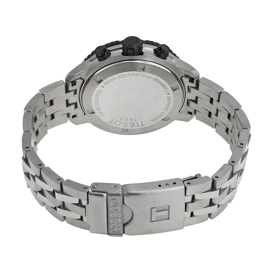 Stainless steel caseback of Tissot T-Sport PRS200 chronograph watch with engraved text