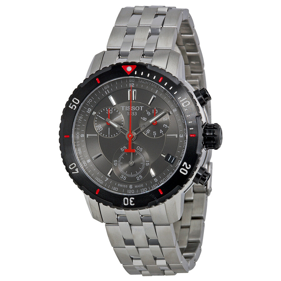Tissot T-Sport PRS200 chronograph men's watch with black dial, stainless steel bracelet and red hands