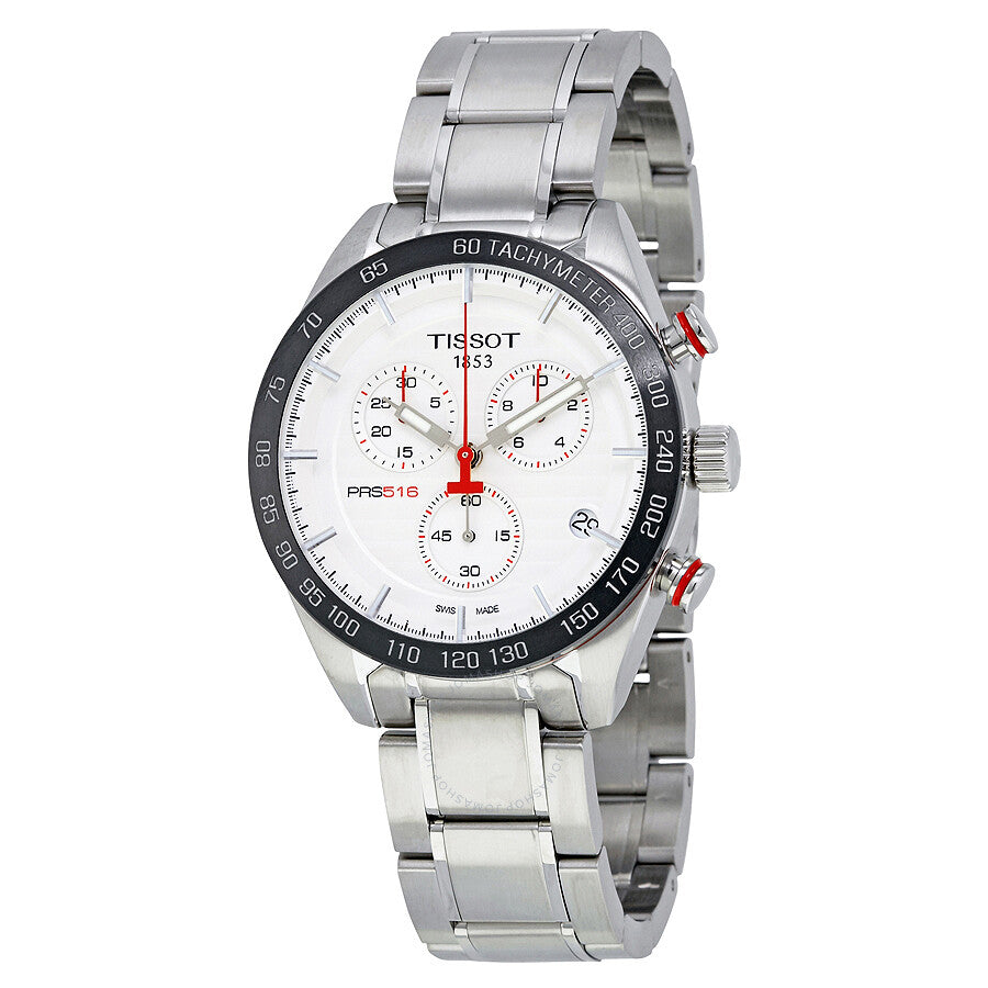 Tissot T-Sport PRS516 chronograph with white dial, steel case, and steel bracelet