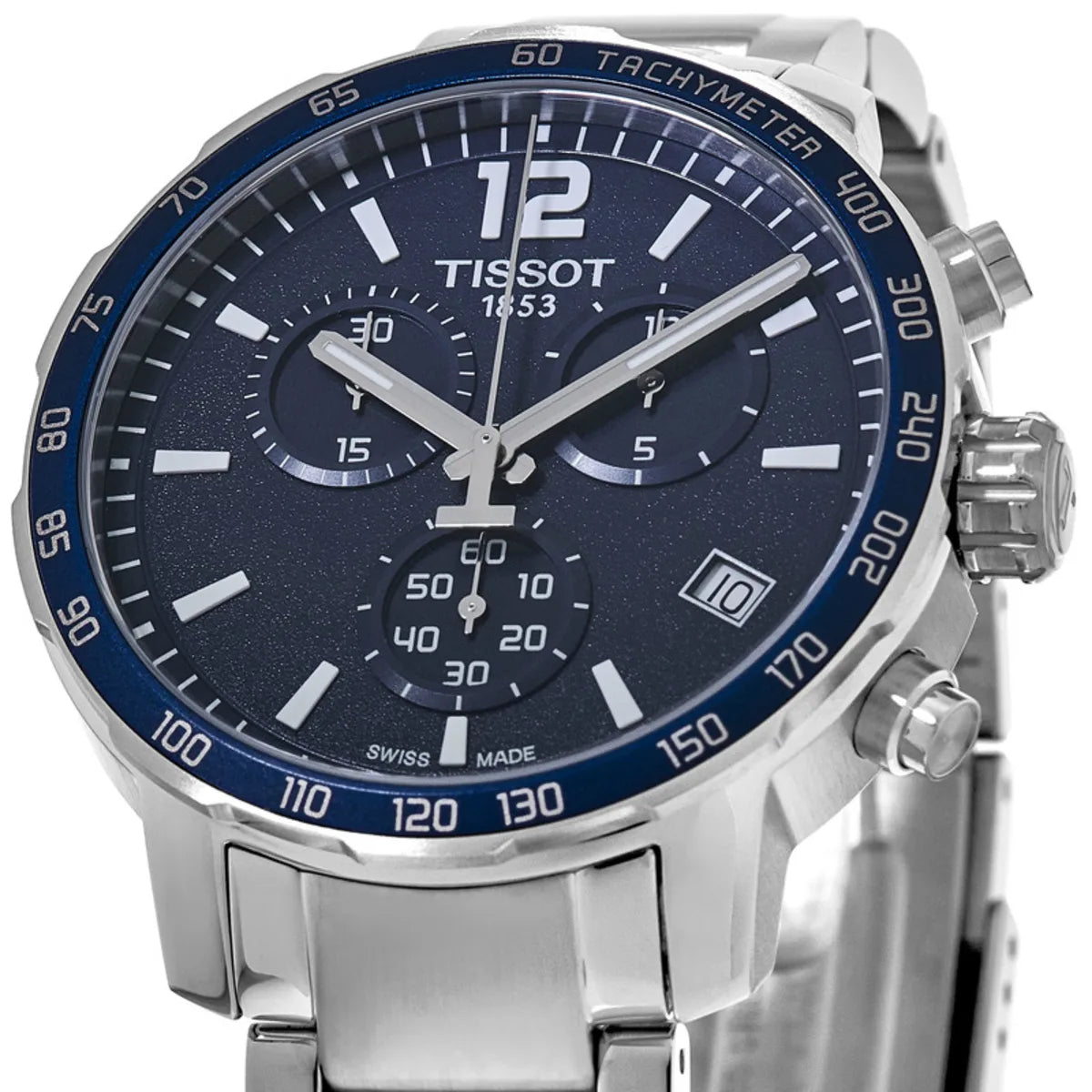 Close-up of Tissot T-Sport Quickster dial with chronograph subdials and tachymeter scale