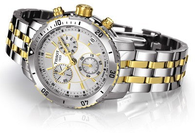 Tissot T-Sport chronograph watch at angle showing stainless steel and gold-plated two-tone bracelet