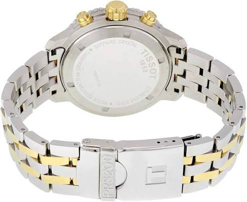 Tissot T-Sport watch caseback showing sapphire crystal and stainless steel two-tone bracelet clasp