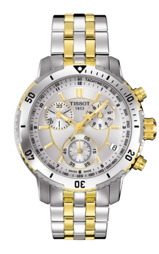 Tissot T-Sport chronograph watch with dual-tone stainless steel and gold bracelet, white dial with three subdials