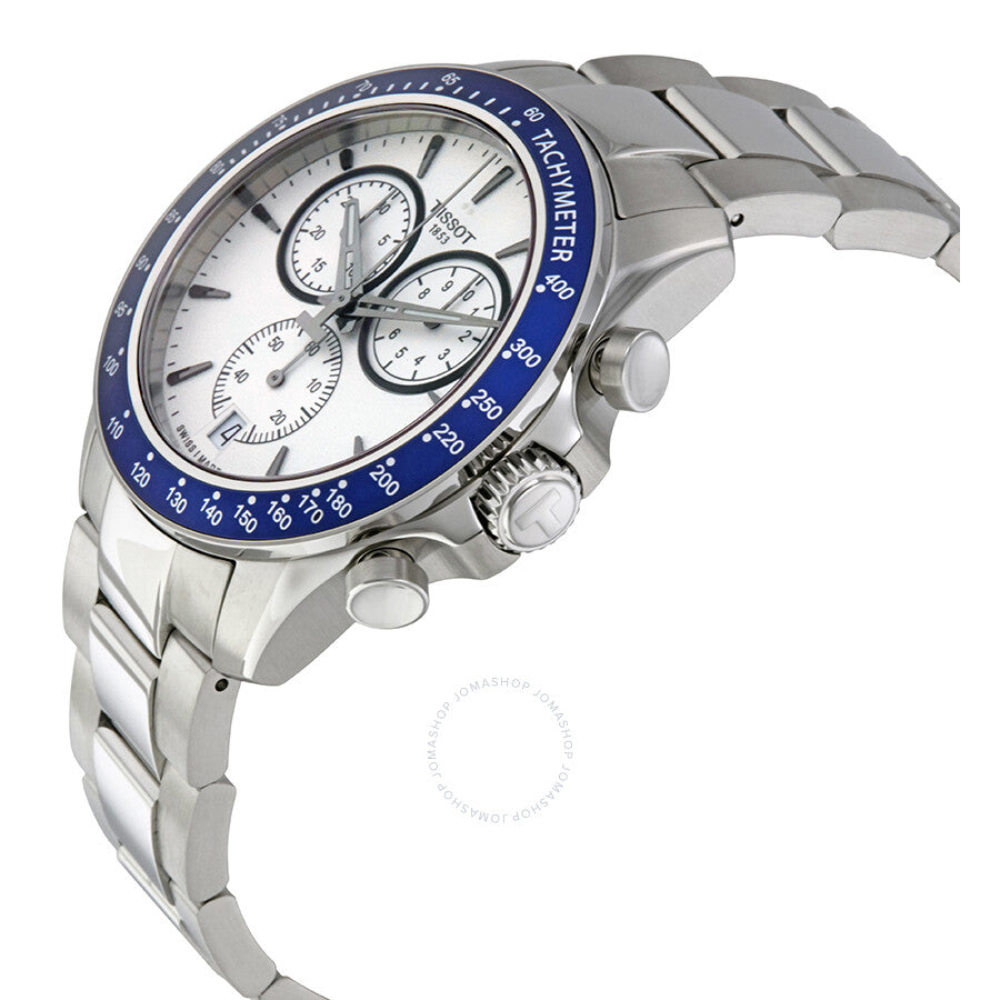 Side angle view of Tissot T-Sport chronograph showing silver dial, subdials, and steel case