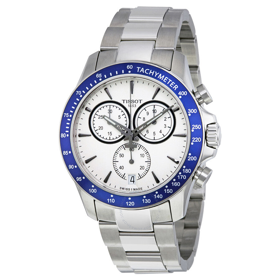 Tissot T-Sport silver dial chronograph watch with blue tachymeter bezel and steel bracelet