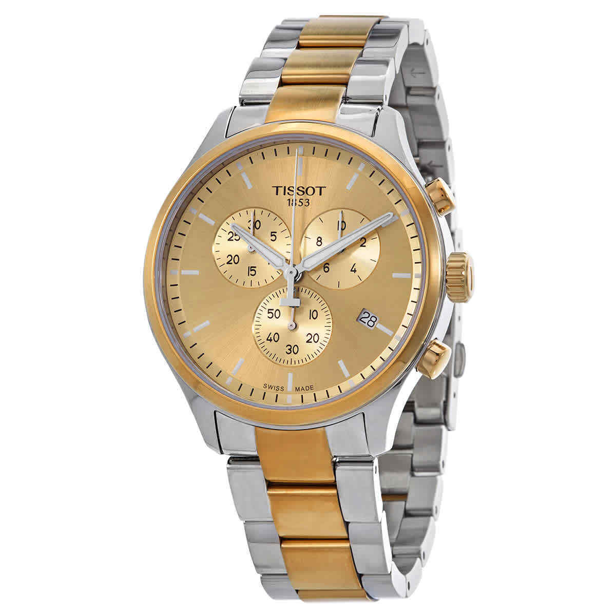 Tissot T-Sport Chronograph quartz watch at angle showing two-tone bracelet and champagne dial