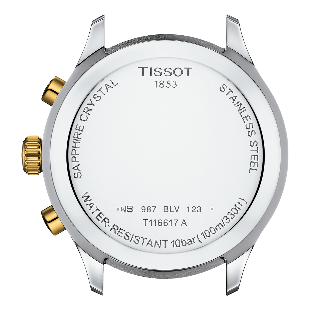 Tissot T-Sport caseback showing sapphire crystal, water-resistant 10 bar specification and movement details