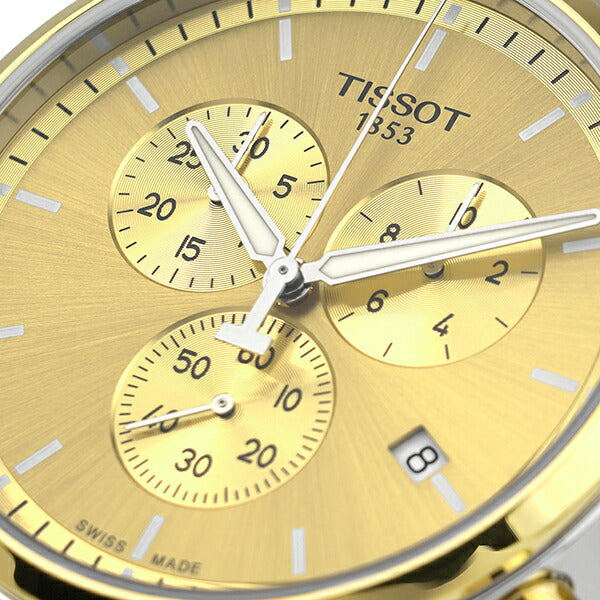 Close-up of Tissot T-Sport champagne dial with chronograph subdials and white hands