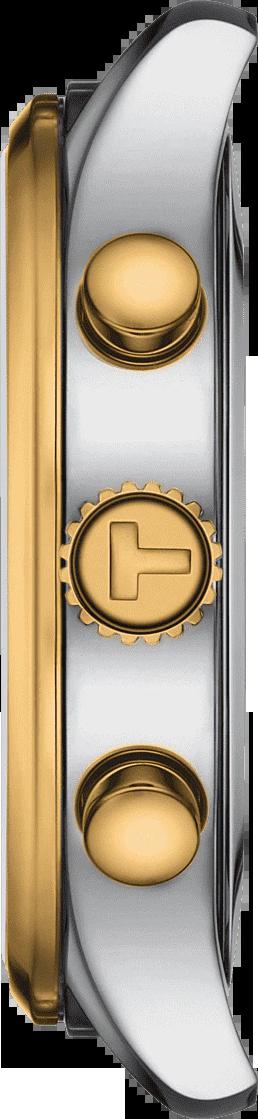 Side view of Tissot T-Sport chronograph watch with gold tone bezel and stainless steel case