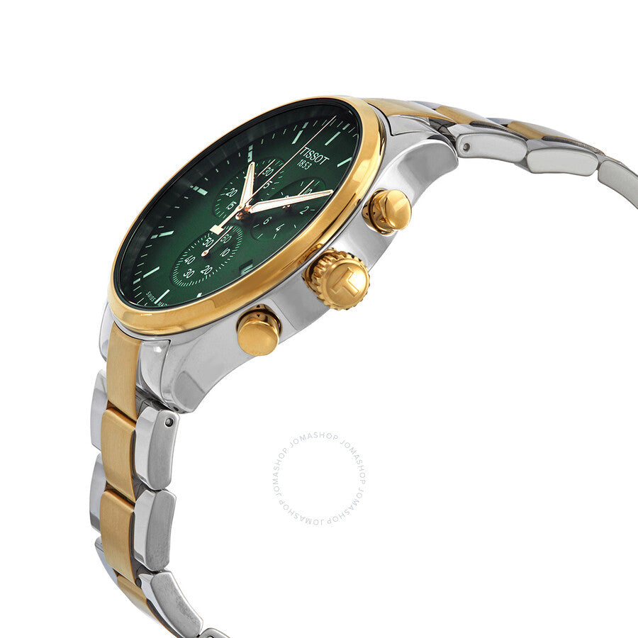 Side angle view of Tissot T-Sport Chronograph showing green dial and two-tone bracelet