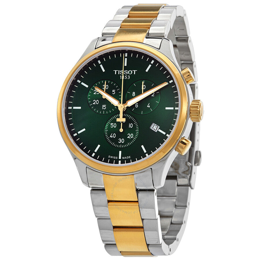 Tissot T-Sport Chronograph quartz watch with green dial and two-tone steel and gold bracelet
