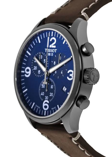 Tissot T-Sport Chronograph XL side angle view showing steel case profile, chronograph pushers, and brown leather strap