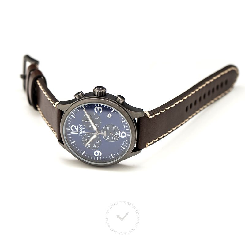 Tissot T-Sport Chronograph XL watch laid flat displaying blue dial, chronograph subdials, and dark leather strap