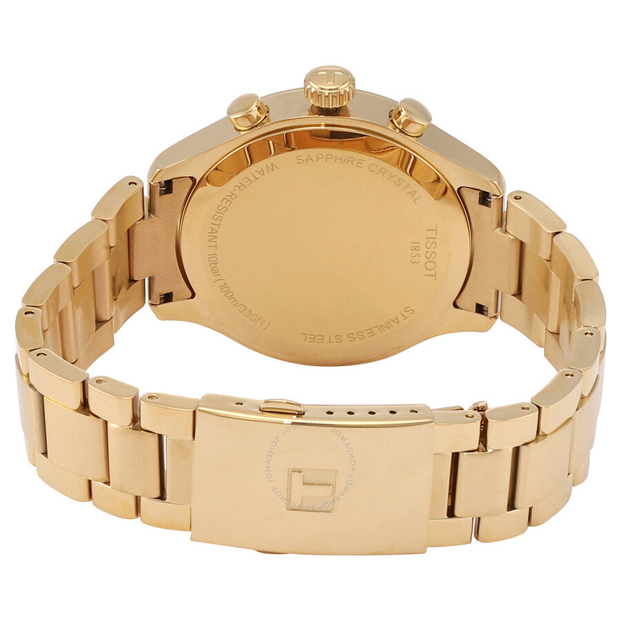 Tissot T-Sport caseback showing gold-tone stainless steel case with engraved model details