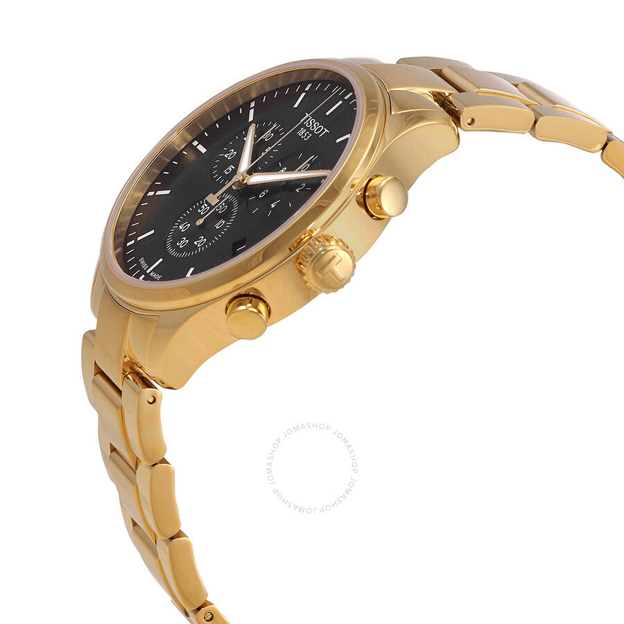Side view of Tissot T-Sport chronograph with gold case and black dial showing chronograph pushers