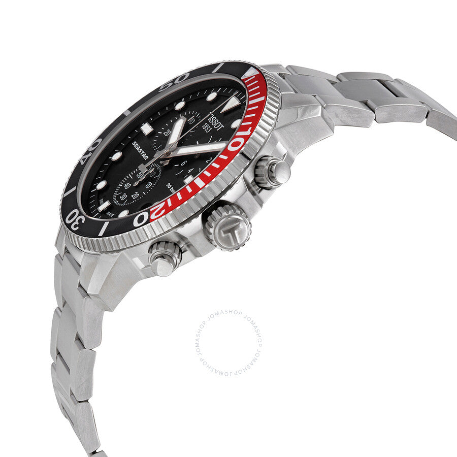 Tissot T-Sport chronograph side view showing stainless steel bracelet