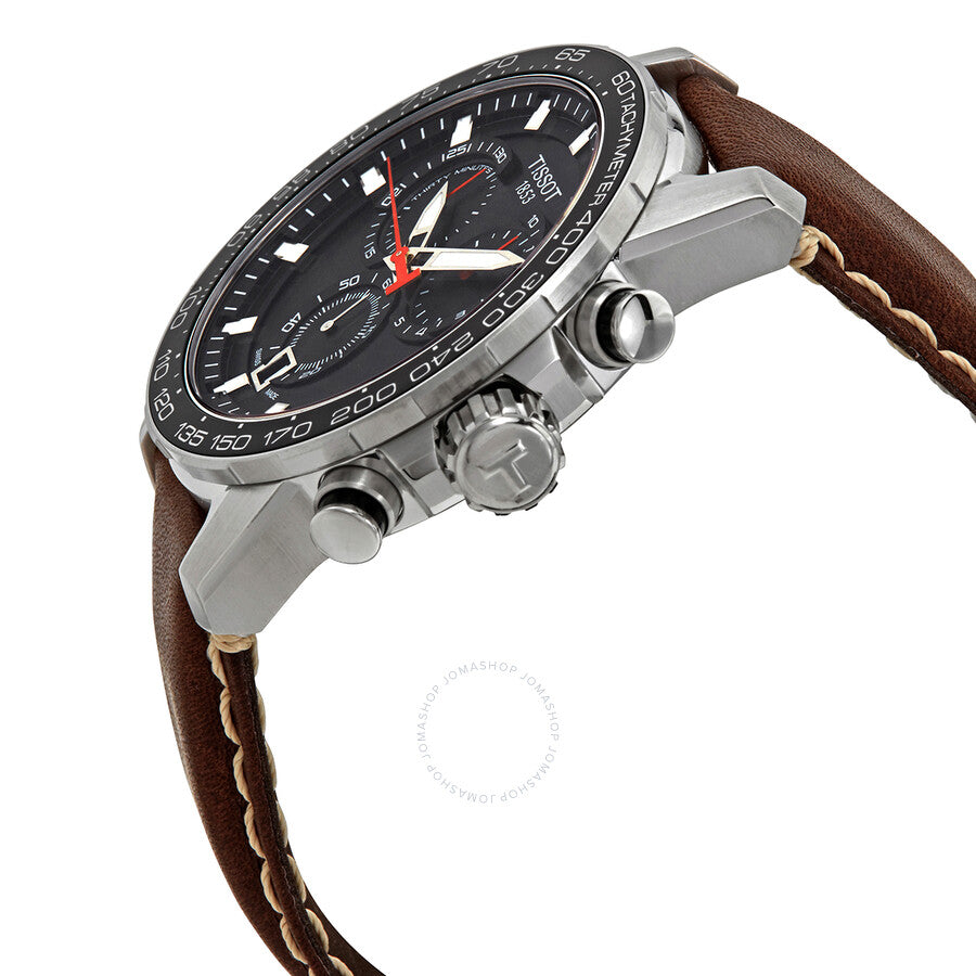 Tissot T-Sport chronograph watch at angle showing stainless steel case, crown and pushers, black dial, and brown strap