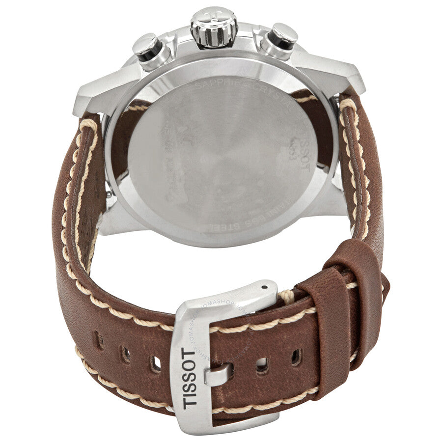 Tissot T-Sport chronograph watch showing stainless steel caseback with crown and pushers visible, brown leather strap