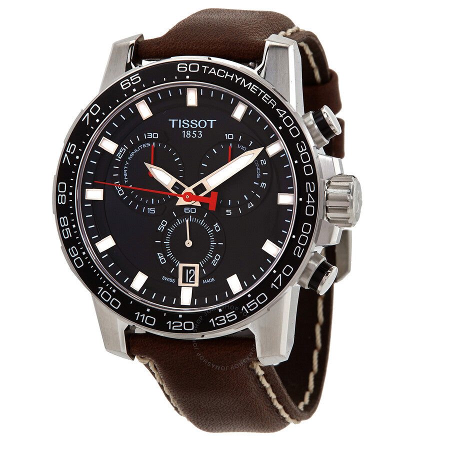 Tissot T-Sport chronograph watch with black dial, white hands, tachymeter bezel, and brown leather strap