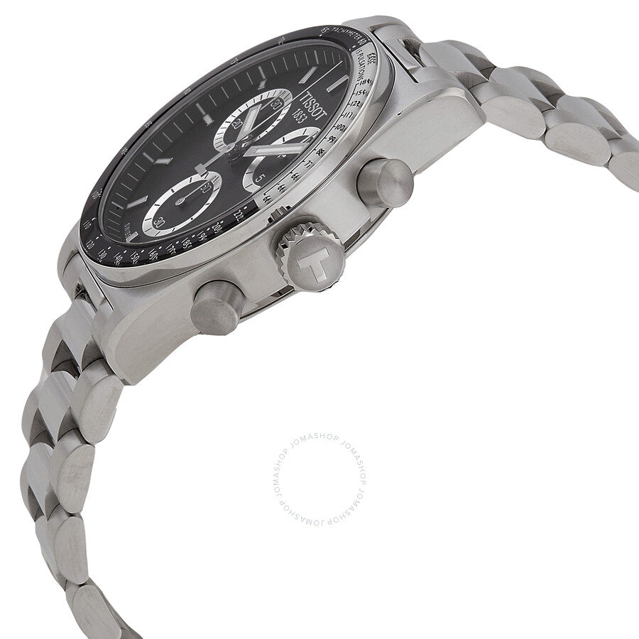 Tissot T-Sport chronograph showing side profile with three chronograph pushers and steel bracelet