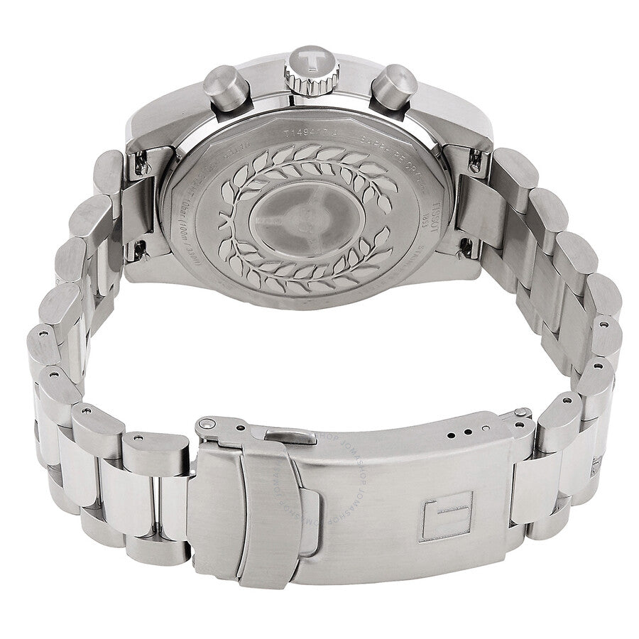 Tissot T-Sport caseback displaying stainless steel back with decorative engraving and bracelet