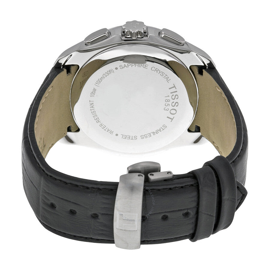 Caseback of Tissot T-Trend Couturier showing engraved text and sapphire crystal with black leather strap