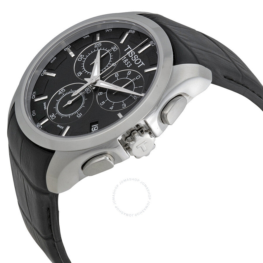 Tissot T-Trend Couturier chronograph with black leather strap shown at angle displaying case and bracelet