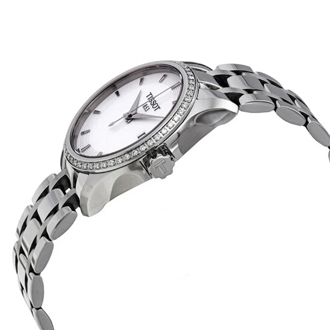 Side angle view of Tissot T-Trend Couturier watch on stainless steel bracelet
