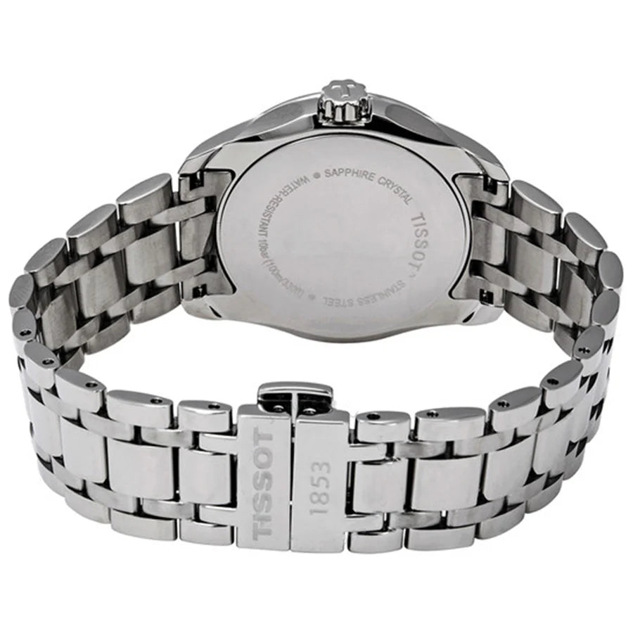 Caseback of Tissot T-Trend Couturier watch showing stainless steel bracelet