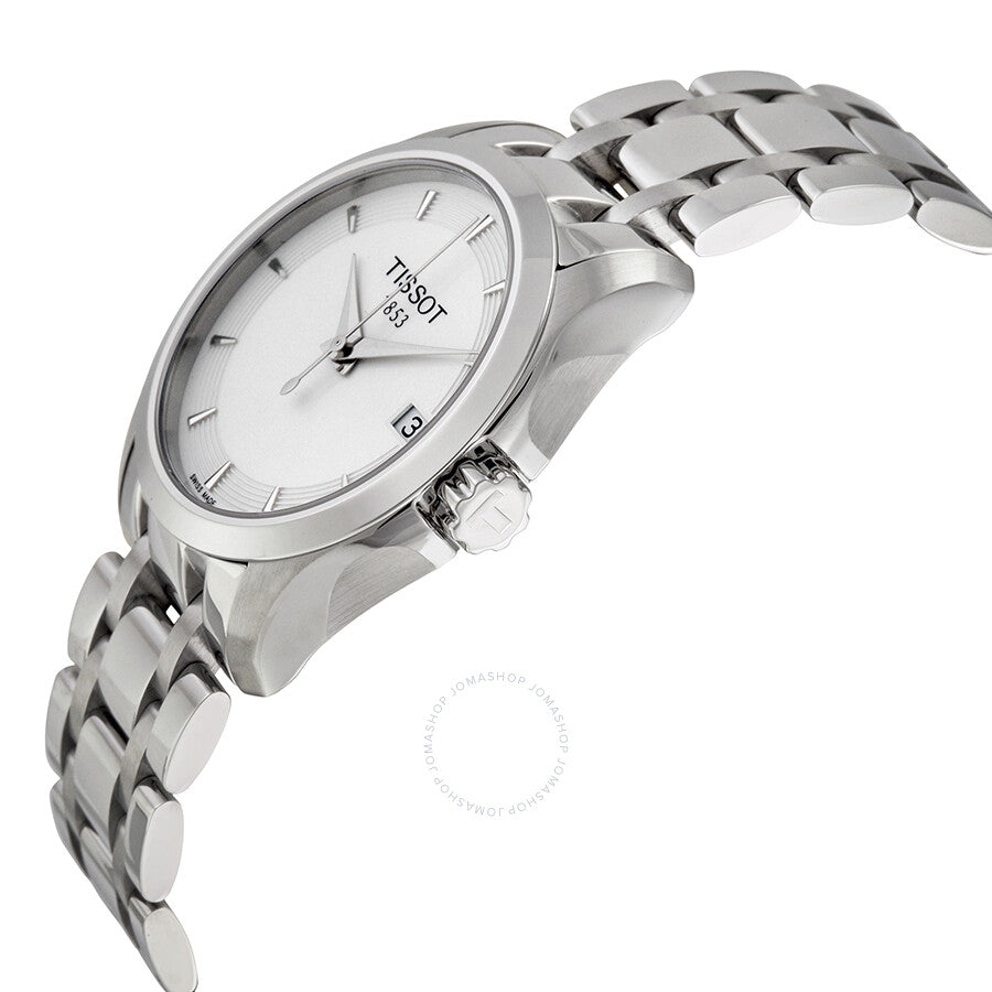 Tissot T-Trend Couturier watch shown at angle with stainless steel bracelet and white dial
