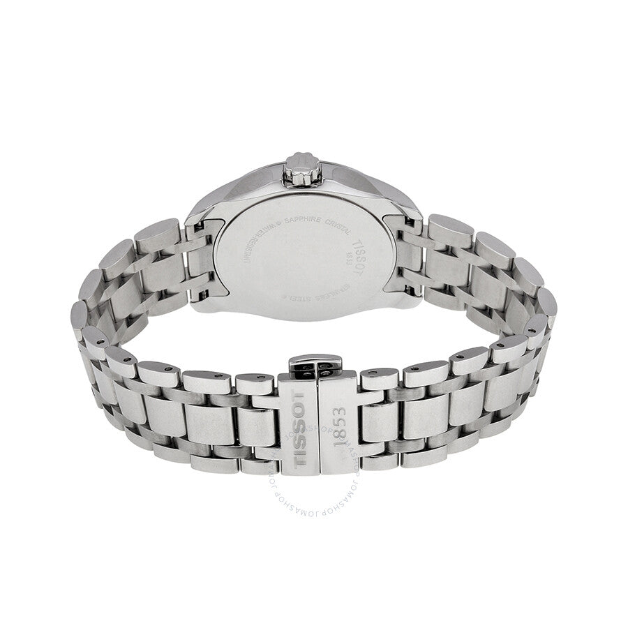 Caseback view of Tissot T-Trend Couturier ladies watch with stainless steel bracelet