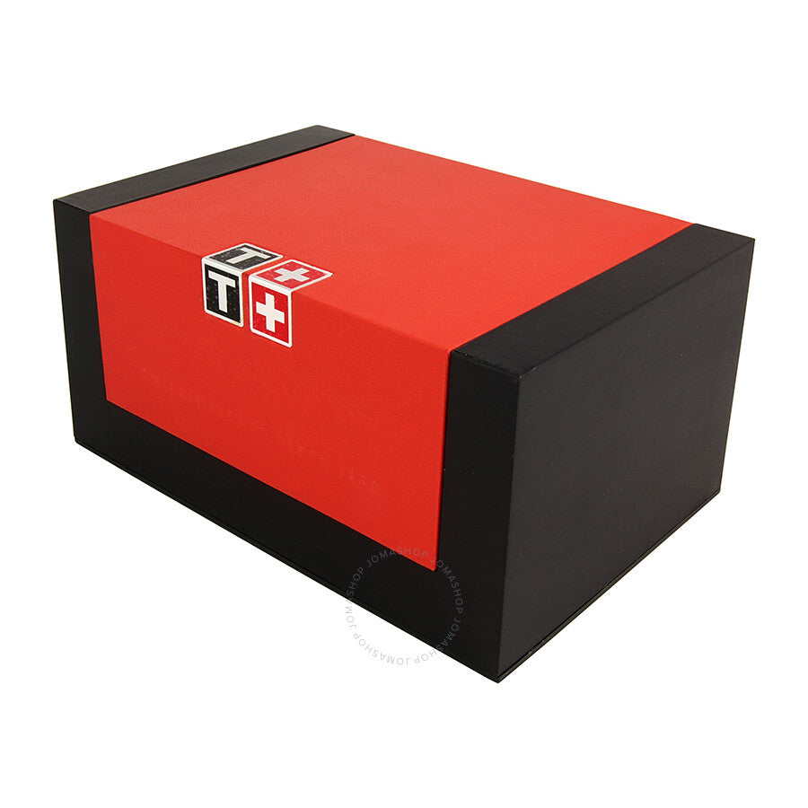 Tissot presentation box with red lid and black sides, featuring Swiss flag logo